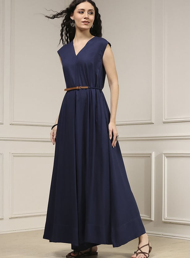 BIBA Solid Belted A-Line Maxi Dress