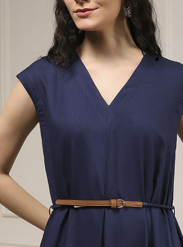 BIBA Solid Belted A-Line Maxi Dress