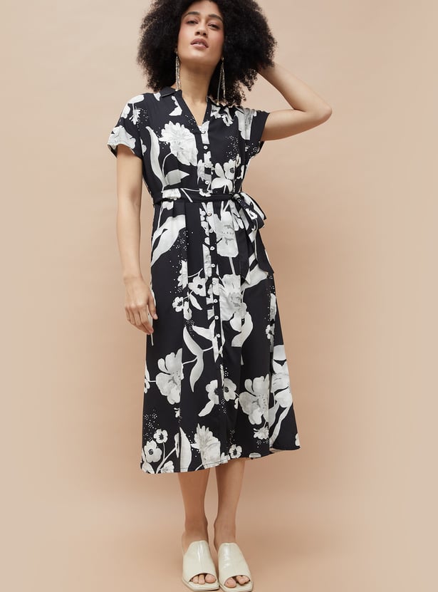 COLOUR ME Floral Print Shirt Dress with Belt