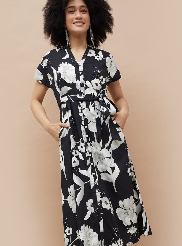 COLOUR ME Floral Print Shirt Dress with Belt