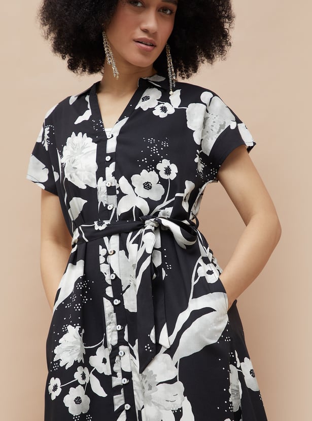 COLOUR ME Floral Print Shirt Dress with Belt