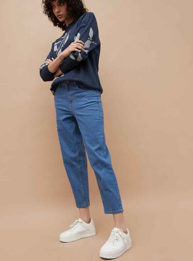 COLOUR ME Solid Mom Fit Crop Jeans