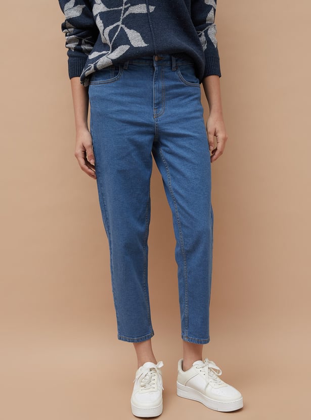 COLOUR ME Solid Mom Fit Crop Jeans