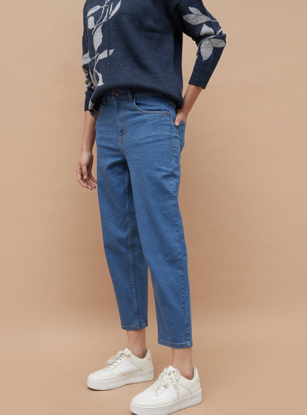 COLOUR ME Solid Mom Fit Crop Jeans