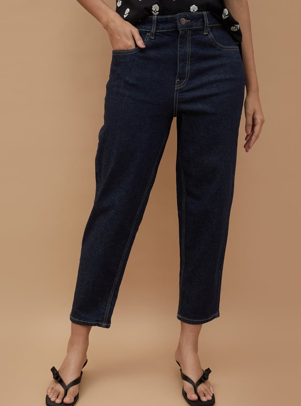 COLOUR ME Solid Mom Fit Crop Jeans