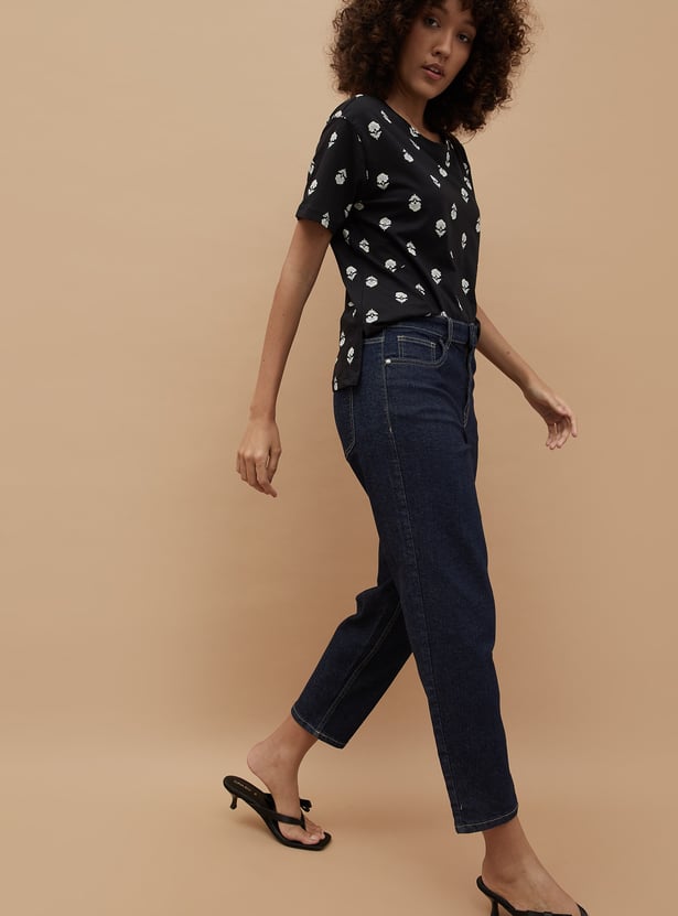 COLOUR ME Solid Mom Fit Crop Jeans