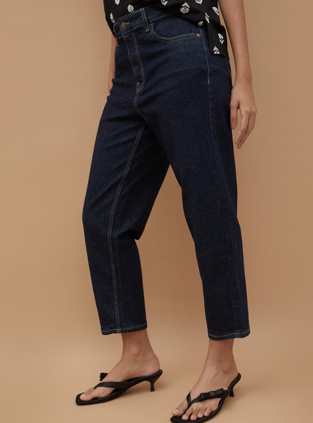 COLOUR ME Solid Mom Fit Crop Jeans