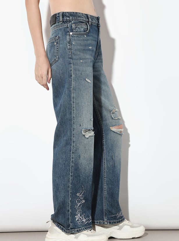 ONLY Distressed Embroidered Straight Fit Jeans