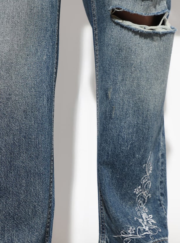 ONLY Distressed Embroidered Straight Fit Jeans