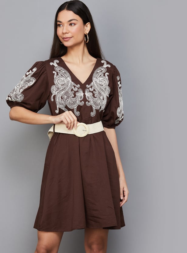 VERO MODA Embroidered Mini Dress with Belt