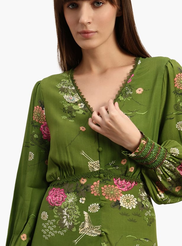 green emerald velvet dress GREEN FLORAL PRINT MIDI DRESS