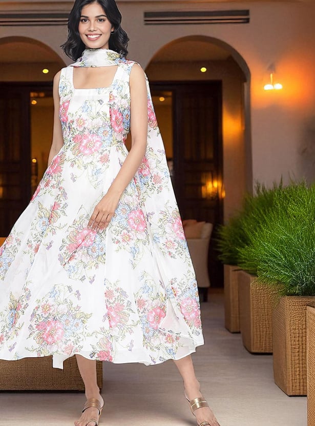 W Floral Print Flared Dress with Dupatta