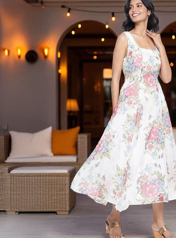 W Floral Print Flared Dress with Dupatta