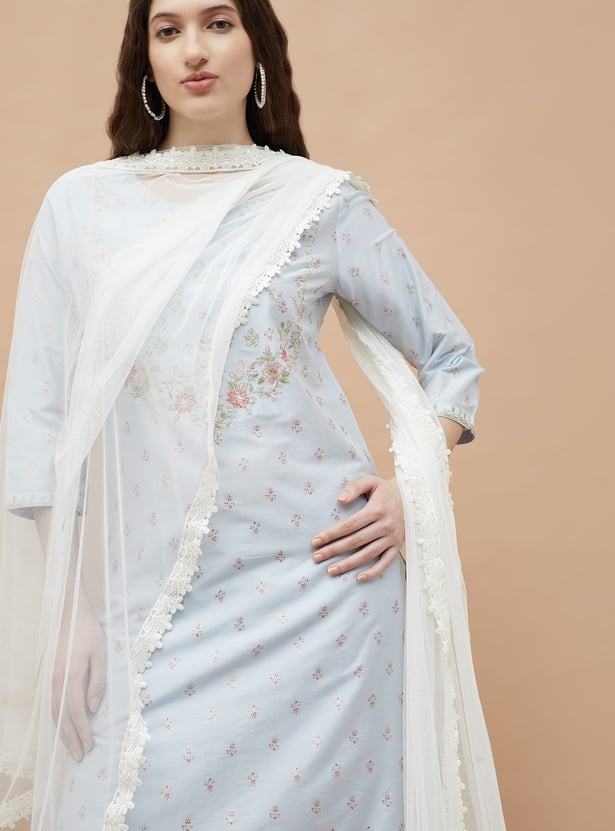 MELANGE Solid Dupatta with Lace Border
