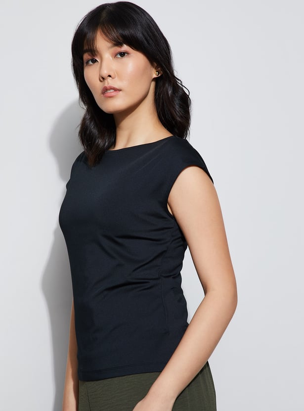 トップス CLANE BOAT NECK NO SLEEVE KNIT TOPS Stretchable Gathered Detailed Boat Neck Top