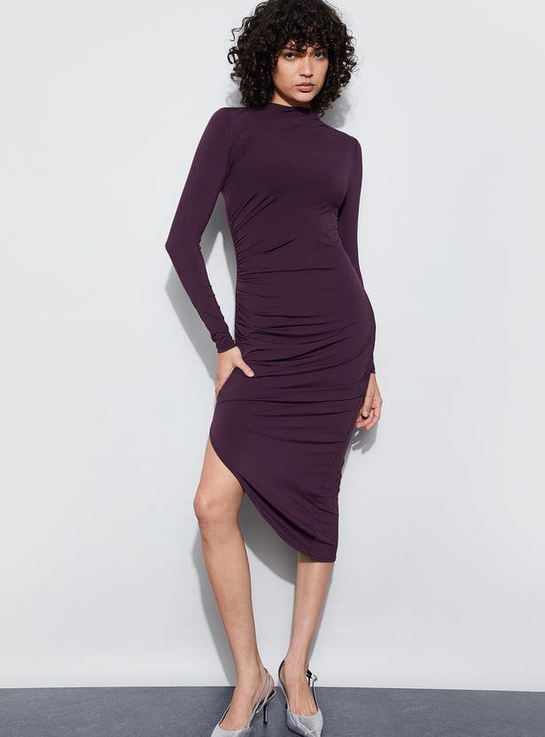 GINGER Solid Ruched Midi Dress