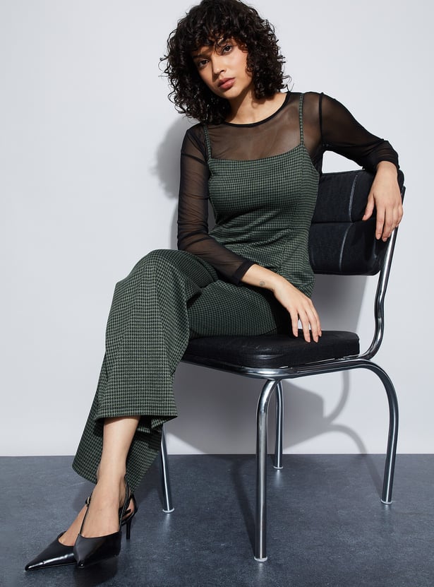 GINGER Houndstooth Pattern Jumpsuit with Mesh Top