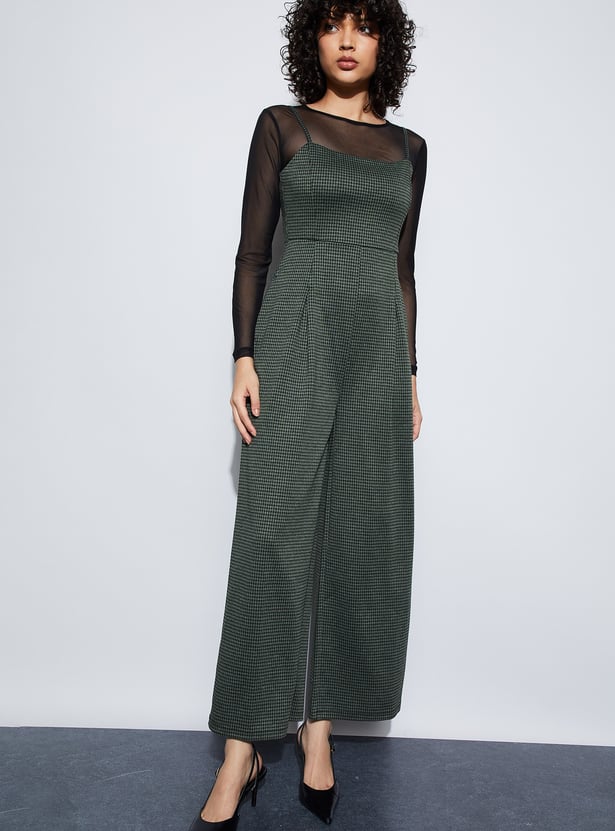 GINGER Houndstooth Pattern Jumpsuit with Mesh Top