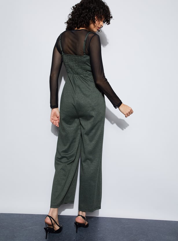 GINGER Houndstooth Pattern Jumpsuit with Mesh Top
