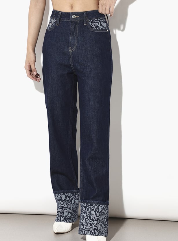 ONLY Dark Wash Printed Hem Straight Fit Jeans