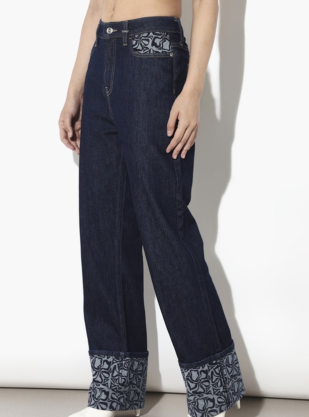 ONLY Dark Wash Printed Hem Straight Fit Jeans