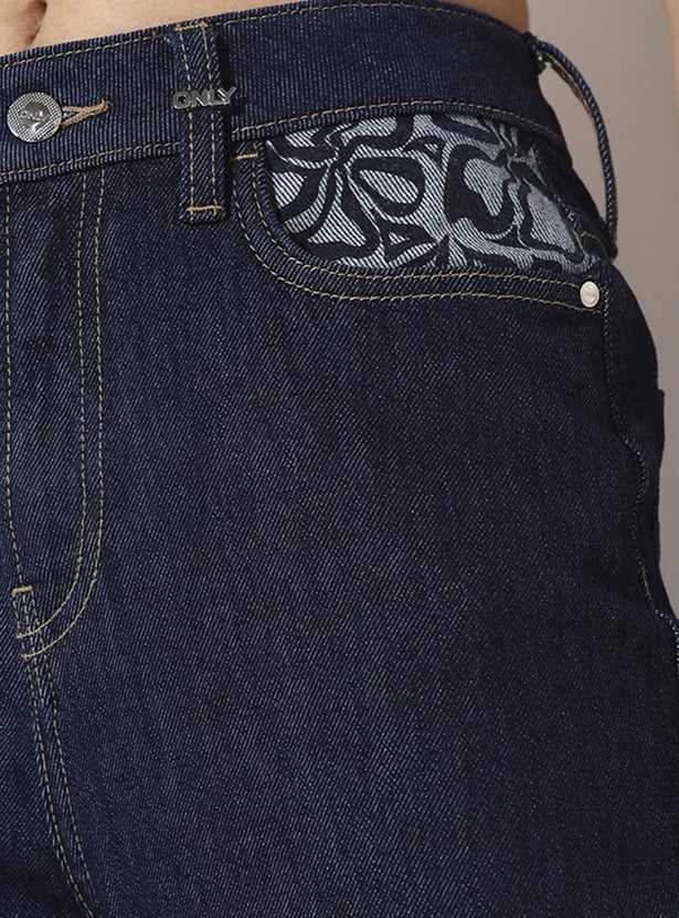 ONLY Dark Wash Printed Hem Straight Fit Jeans