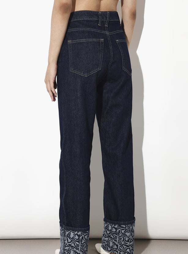 ONLY Dark Wash Printed Hem Straight Fit Jeans