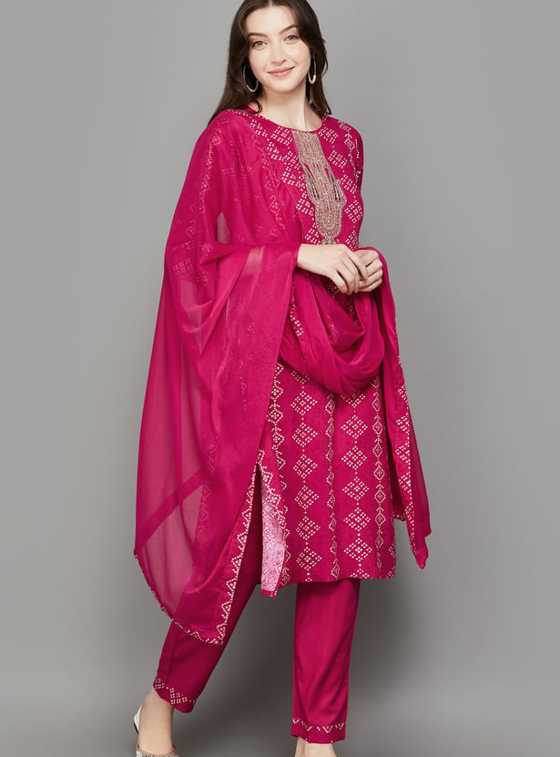 SPAN Bandhani Print Straight Kurta Set