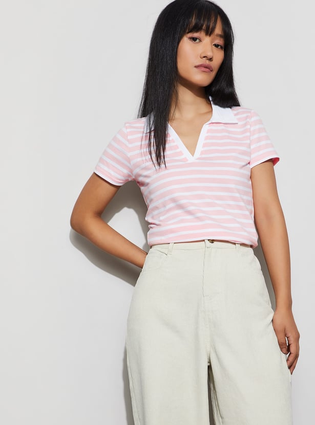 GINGER Striped Johnny Collar T-shirt