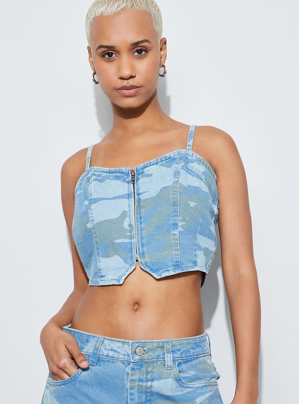 GINGER Printed Denim Crop Corset Top