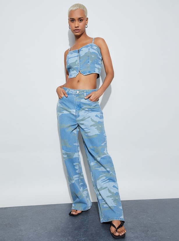 GINGER Printed Denim Crop Corset Top