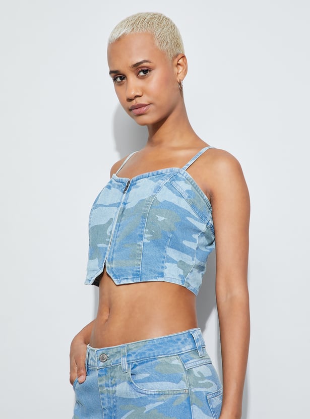 GINGER Printed Denim Crop Corset Top