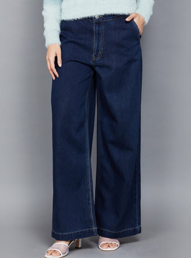 ONLY Solid Mid-Rise Wide-Leg Jeans
