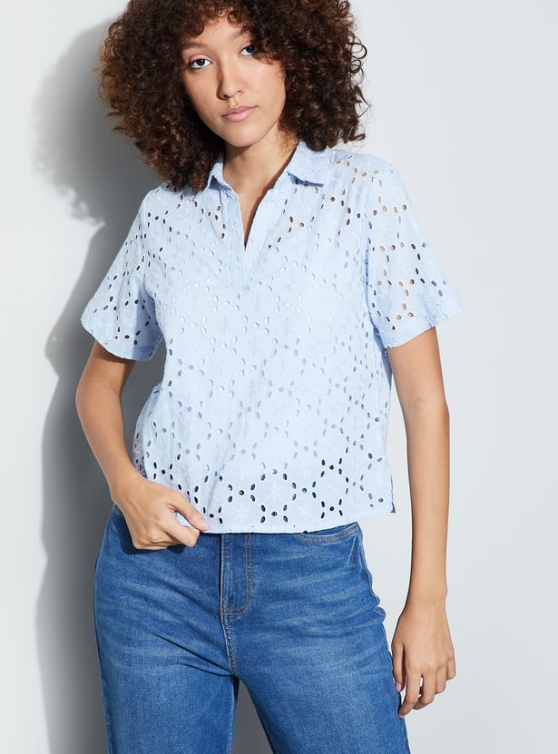 FAME FOREVER Schiffli Collared Top