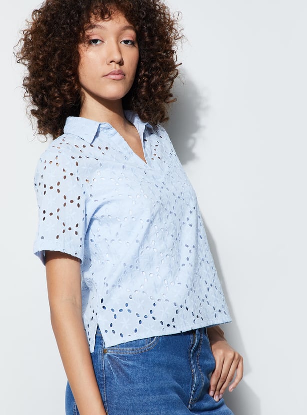 FAME FOREVER Schiffli Collared Top