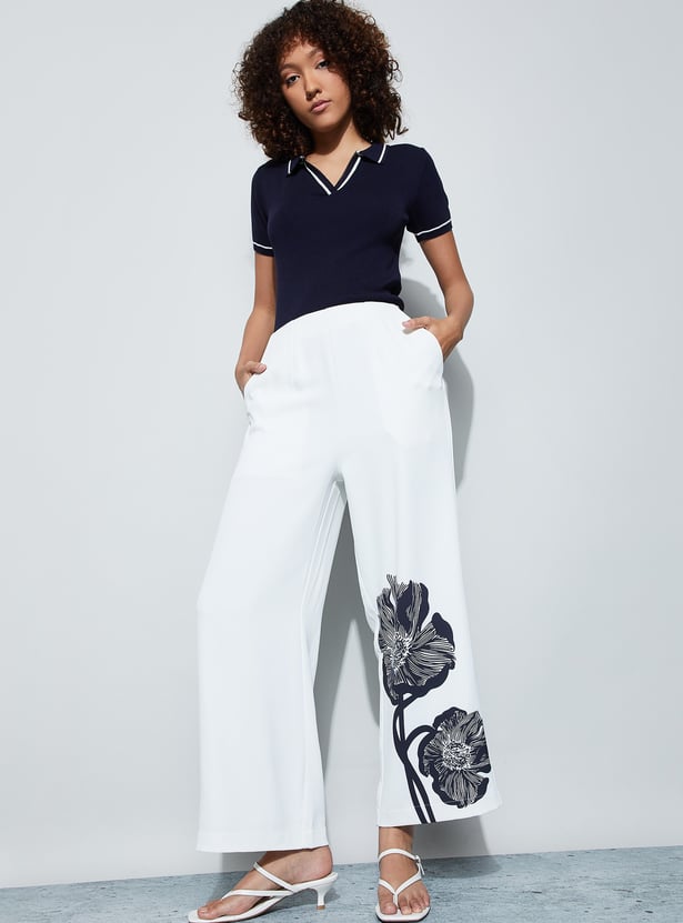 CODE Floral Print Wide Leg Trousers