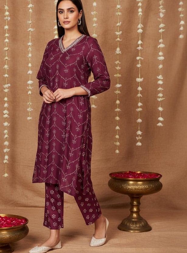 W Bandhani Print Straight Kurta Set