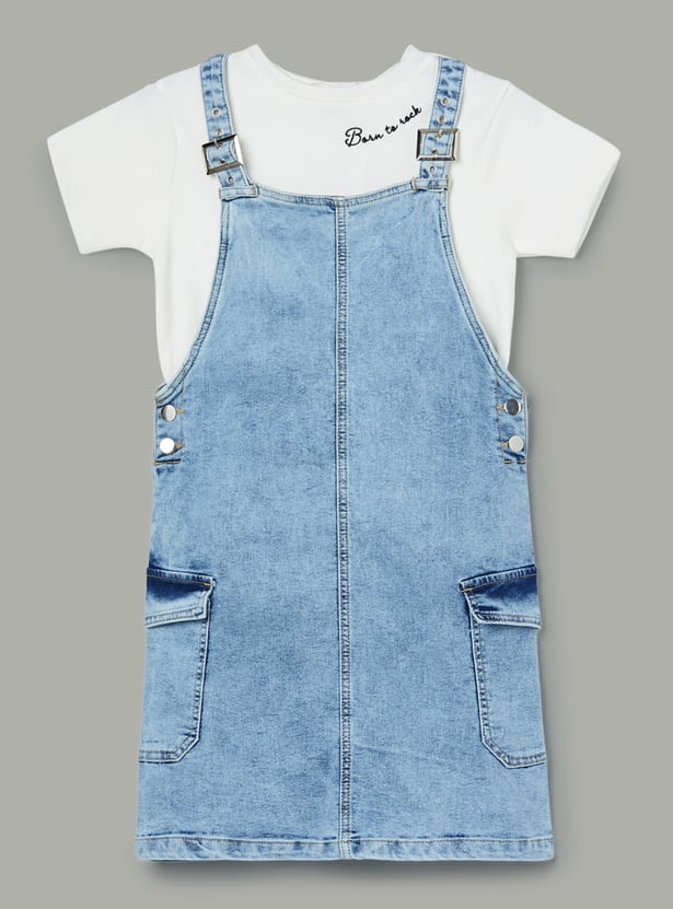 FAME FOREVER Girls Solid Dungaree with T-Shirt Set