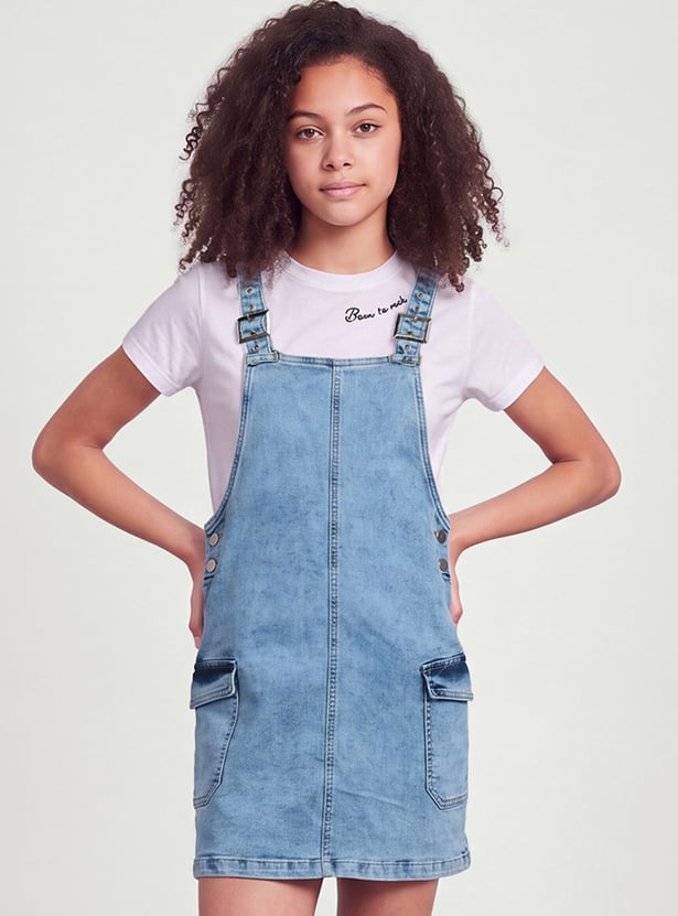 FAME FOREVER Girls Solid Dungaree with T-Shirt Set