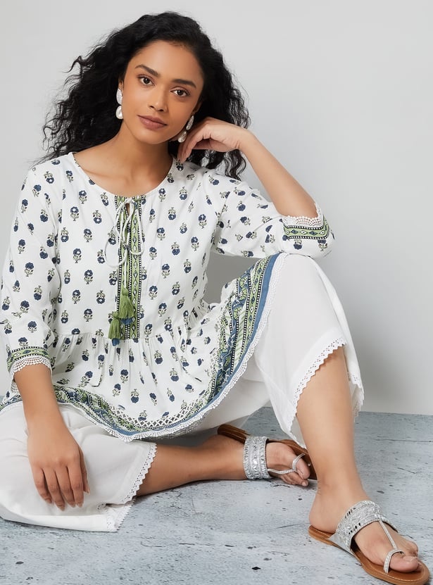 MELANGE Ethnic Motif Flared Hem Top