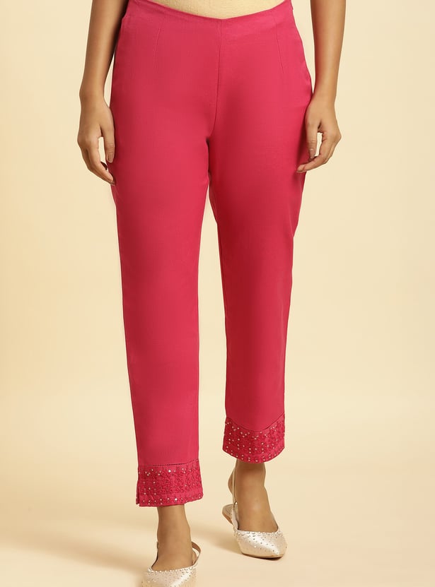W Straight Pants with Embellished Hem