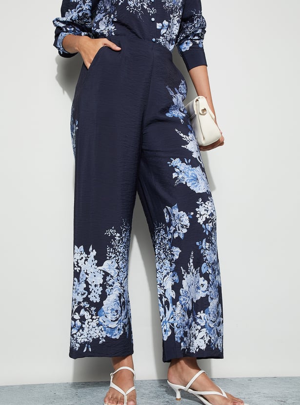CODE Floral Print Wide Leg Trousers