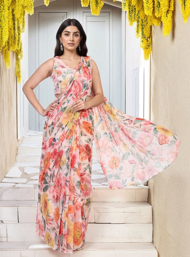 W Floral Print Pre-Stitched Saree with Blouse