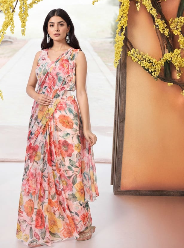 W Floral Print Pre-Stitched Saree with Blouse