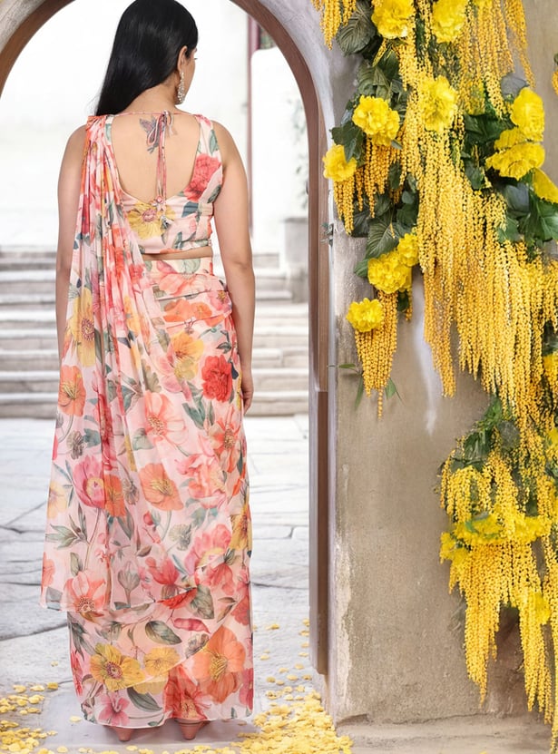 W Floral Print Pre-Stitched Saree with Blouse