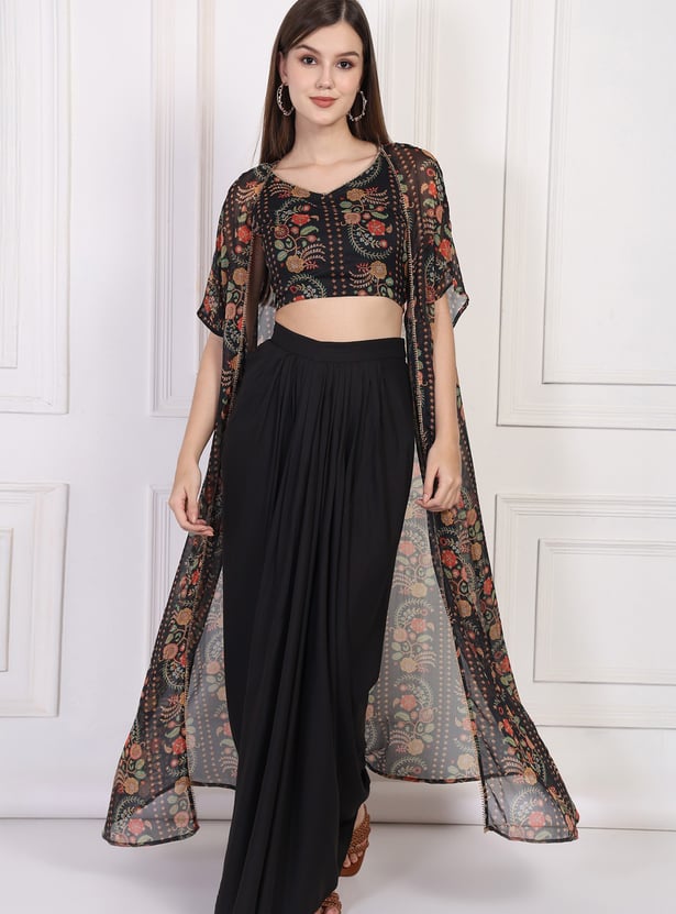 W Draped Skirt Set with Printed Jacket