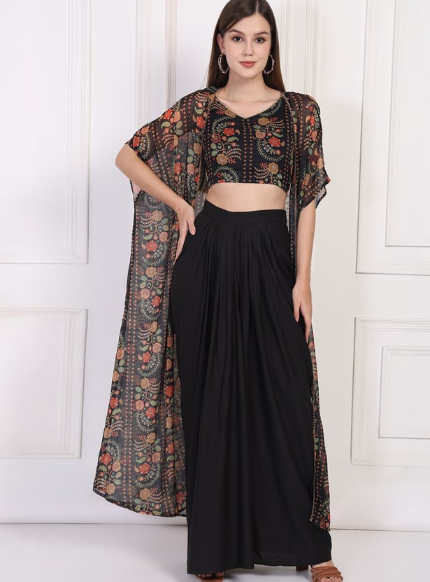 W Draped Skirt Set with Printed Jacket