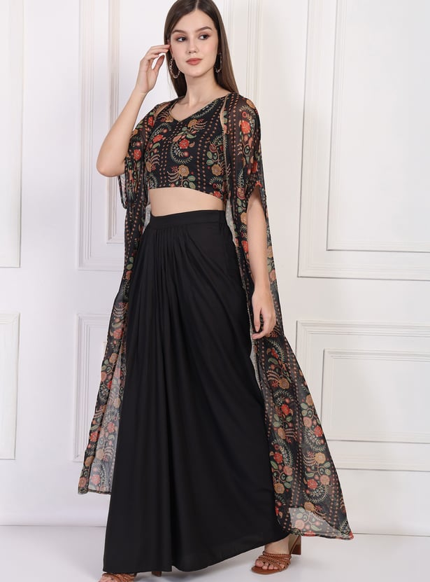 W Draped Skirt Set with Printed Jacket