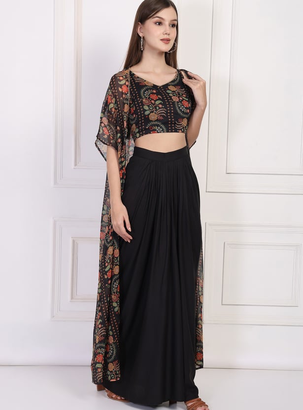 W Draped Skirt Set with Printed Jacket