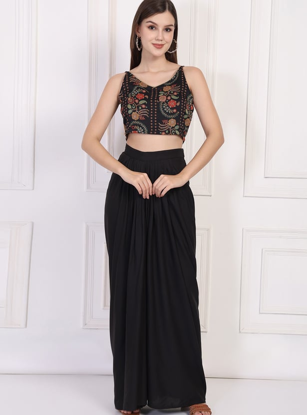 W Draped Skirt Set with Printed Jacket